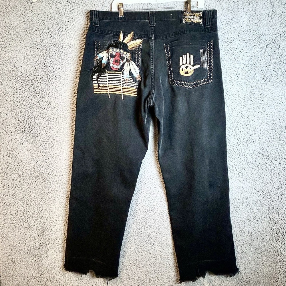 VTG Miskeen Skull Indian Chief Baggy Cutt Off Jeans Men's 36x32 Skate Grunge Y2K